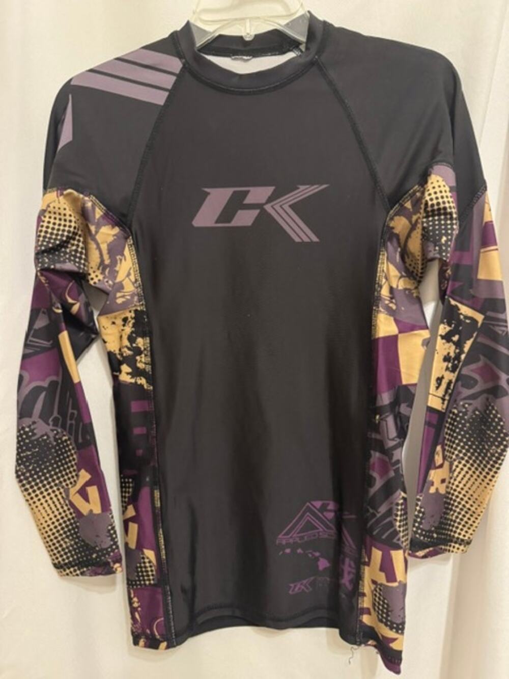 CK Fight Life Men’s BJJ Jiu Jitsu Rash Guard Long Sleeve Black Purple Gold M